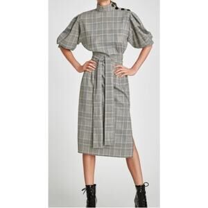 Zara Woman Black White Plaid Midi Dress Short Puff Sleeve Workwear Office M